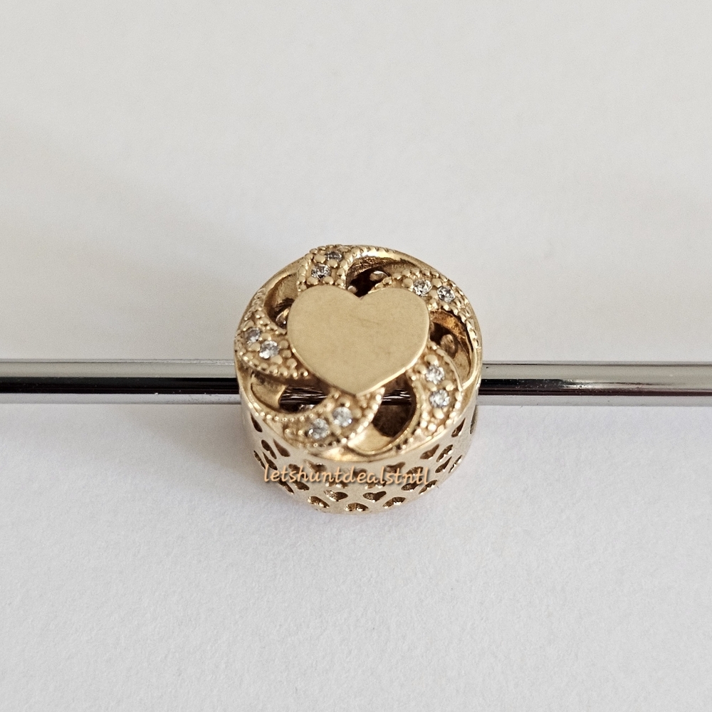PANDORA 14K Gold Ribbon Heart CZ Charm 751004CZ.